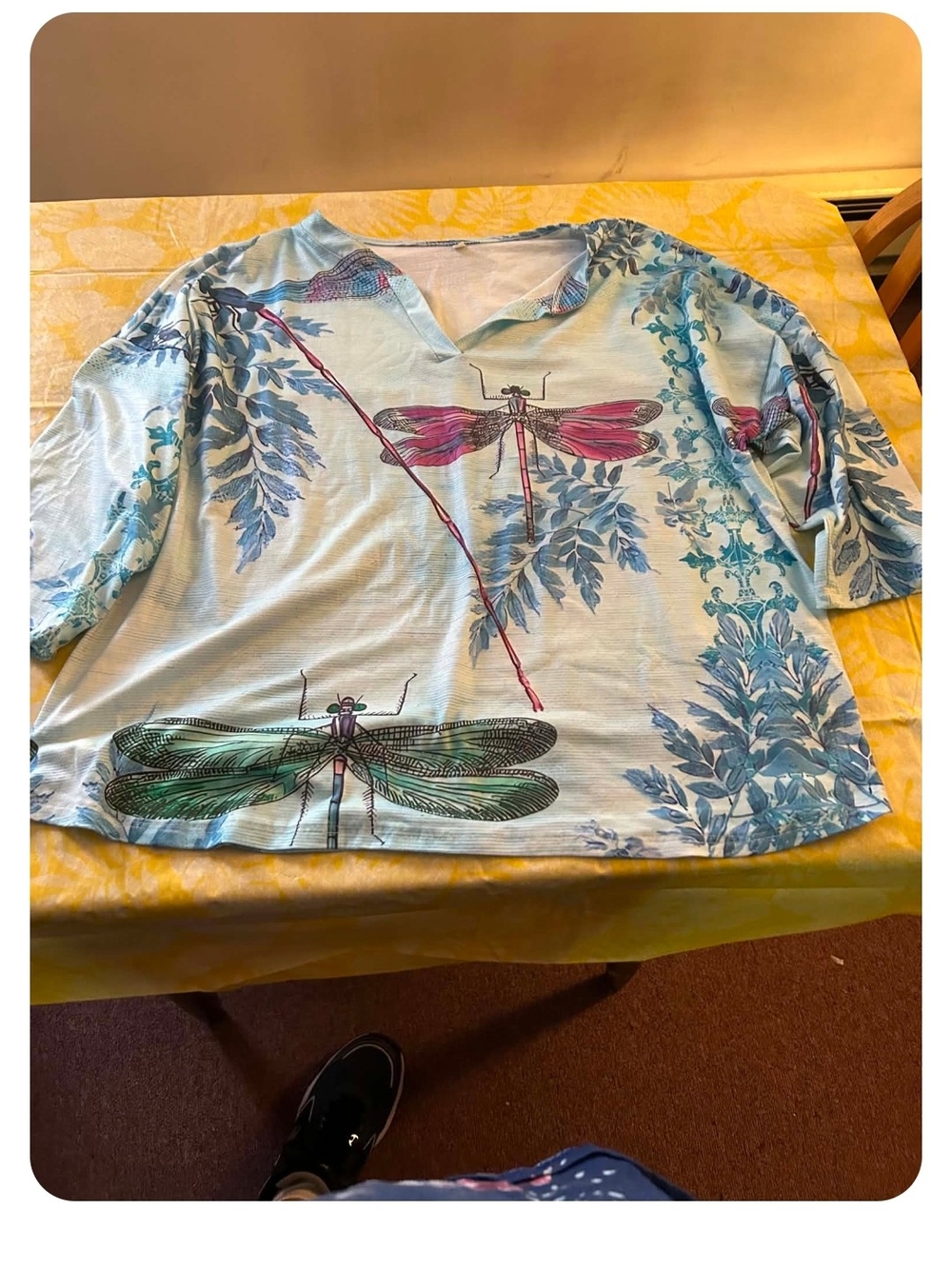 Light Blue Dragonfly Print V-Neck Women's Top